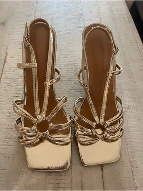 Strappy Metallic Gold T-Bar Heels for Women